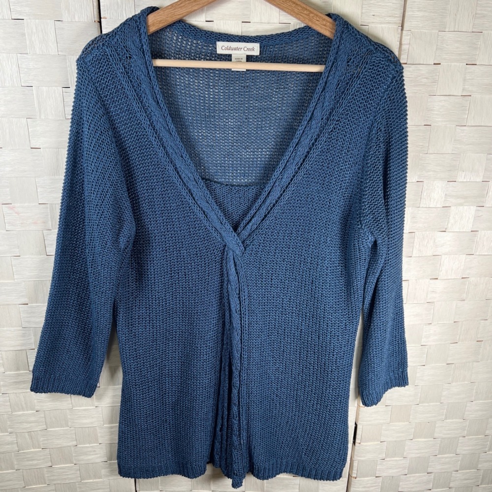 Coldwater Creek Blue Cardigan Sweater Open Knit Front Twist Detail Women L 14‎ - Picture 3 of 9